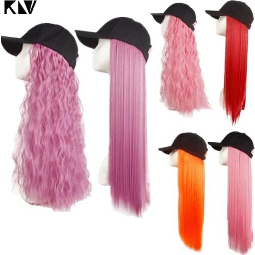 KLV ashion Wild Women Cap Wig Color Long Straight Hair Curly One-piece Baseball Hat Wigs Cosplay Party Dress Up Props Cap