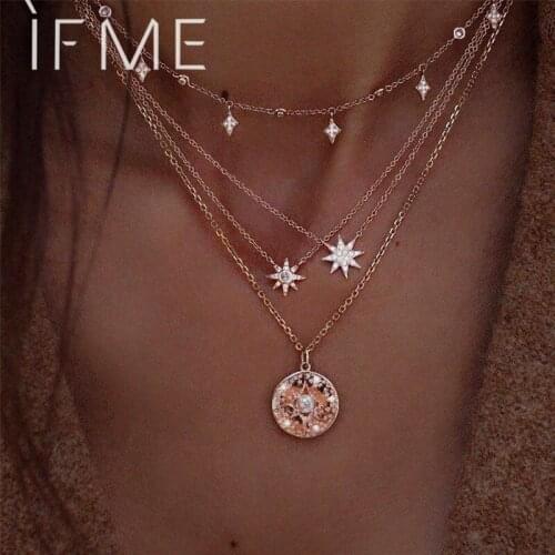 IF ME Vintage Multilayers Crystal Star Coin Necklaces for Women Bohemian Gold Color Chain Pendant Necklace Fashion Jewelry New