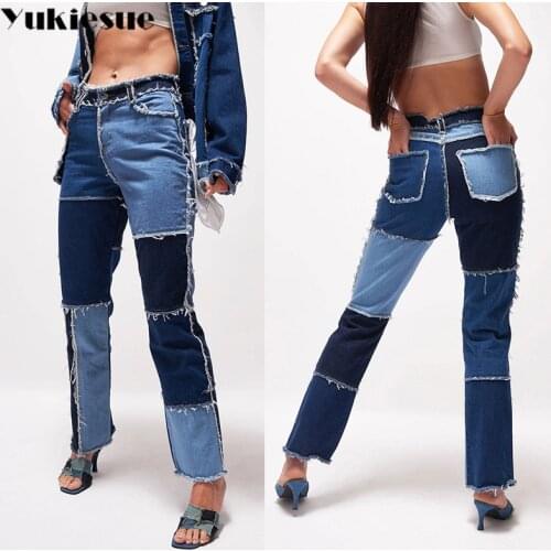 2020 New hip hop autumn Blue/Pink patchwork Jeans women High waist Hip hop straight Jeans ladies trousers female denim for woman