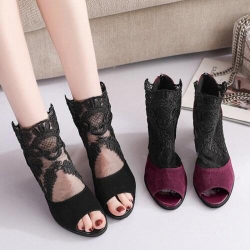 Spring Women Pumps Mesh Leather Flower High Thick Heel Stripe Platform Zipper Peep Toe Slip on Ladies Shoes Zapatos De Mujer