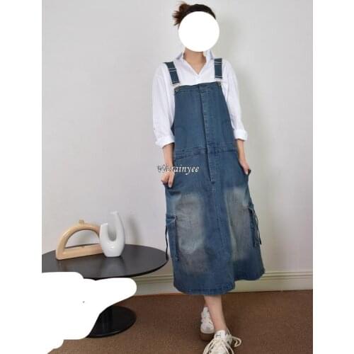 Women Loose Denim Big Pocket Dress Ladies retro Bleached Denim Dress Female Spaghetti Strap Dresses 2020