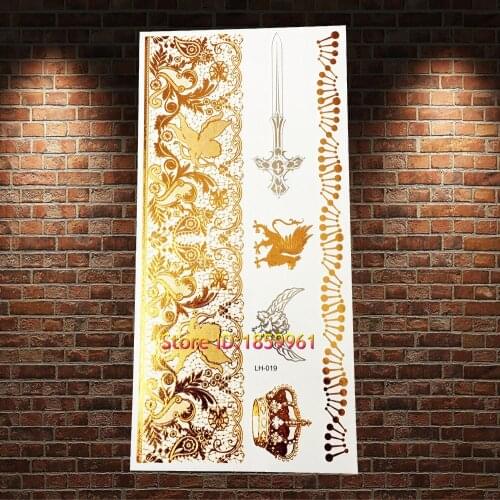 1PC Fashion Indian Bracelets Designs Flash Gold Temporary Tattoo Stickers AGM-T017 Women Henna Flower Chains Fake Tattoo Sticker