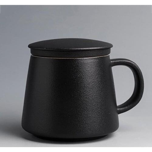 360ml Black Zen Ceramic Coarse Pottery Tea Mug with Lid Filter Coffee Milk Water Cup Flower Teacup Master Mugs Office Drinkware
