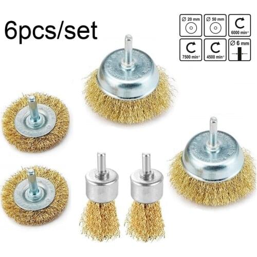 6PCS 6mm Shank Bowl Wire Brush Set Rotary Flat Steel Wire Wheel For Electric Drill Attachment Polishing Brushes
