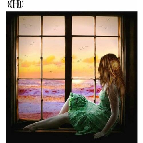 MHD Diamond Embroidery girl 5D Diy Diamond Painting window cross stitch Full round Diamond Mosaic picture Home Decoration