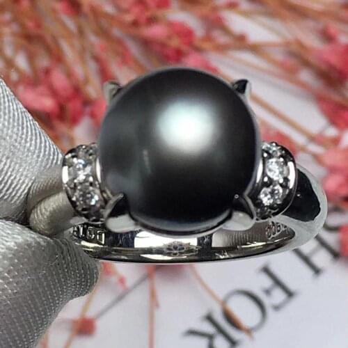 Real Pt900 100% Nature diamonds and Tahitian Black Pearl 10.9mm Females' Fine Rings for Women