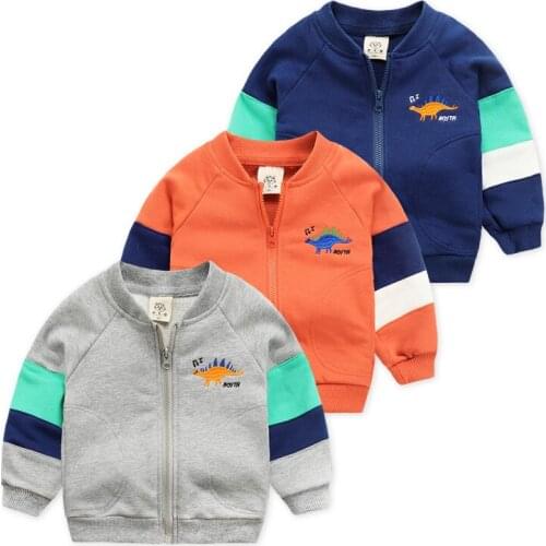 Spring Autumn Childrens Jacket Long Sleeved Stand-up Collar Dinosaur Jacket Baby Boys Warm Zipper Coat New Fashion Outwear Tops