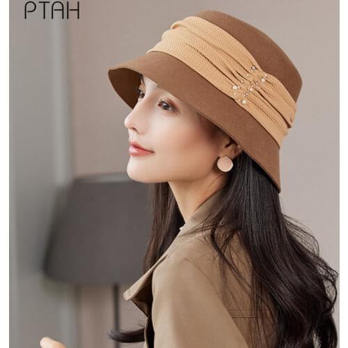 [PTAH] Fashion Bucket Hats Women Autumn Winter New Warmer Woolen Hats Girls Temperament Elegant Hats Ladies 100% Australian Wool