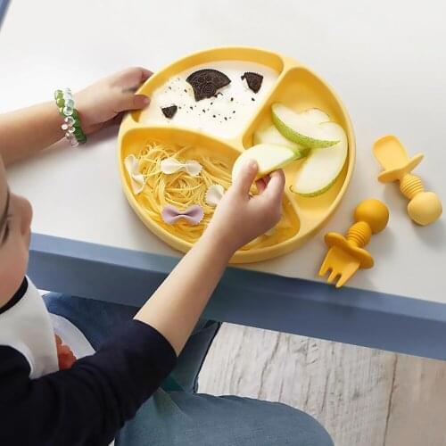 Fashion Solid Silicon Plate Set For Baby Kids Training Feeding Dinnerware Baby Learning Plate Set With Fork Spoon BPA Free