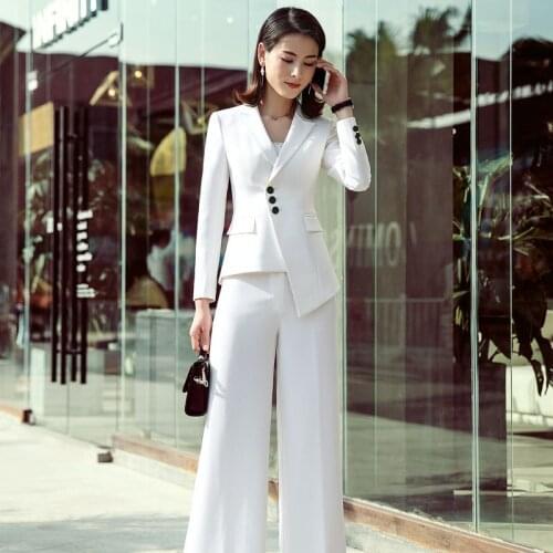 IZICFLY Spring Autumn White Blazer wide leg pants women suits Elegant Slim Office Uniform Business Suits with Trouser Plus size