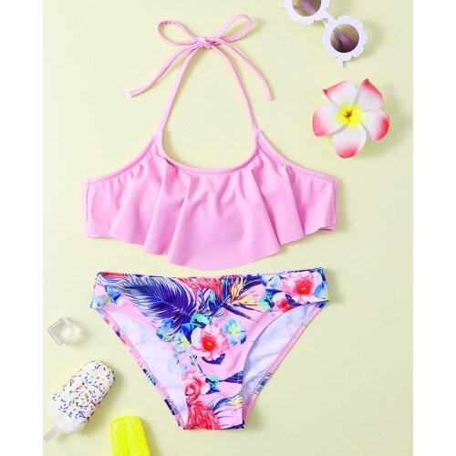 5-12 Years New Girls Swimsuit Two Piece Swimsuit Flamingo Ruffled Split Style Cute Girl Baby Children Bikini S 3colors Swimwear