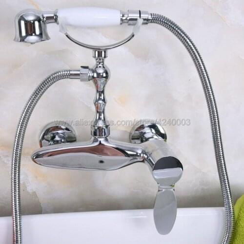 Polished Chrome Wall Mounted Bathroom Faucet Bath Shower Mixer Tap With Hand Shower Head Shower Faucet Sets Kna181