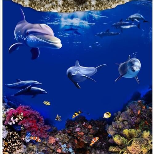 Custom 3D Painting Floor Wallpaper PVC Adhesive 3D Marine World Dolphin 3D Floor Painting 3D Wallpaper