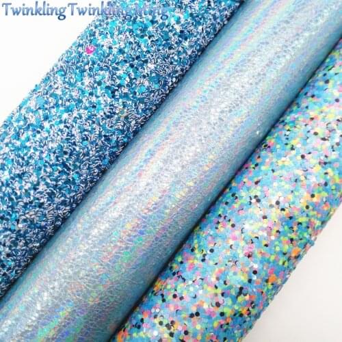 BLUE Glitter Fabric, Iridescent Faux Leather Fabric, Synthetic Leather Sheet For Bows A4 Size 8"x11" Twinkling Ming XM116
