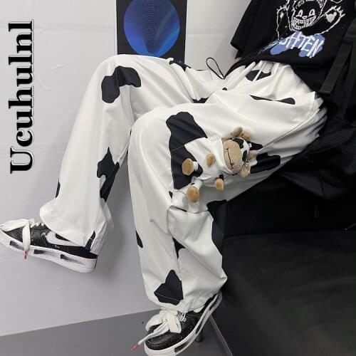 Ucuhulnl Ripped Jeans for Women Loose Slim Fit Straight Wide Leg Pants Hip-hop High Street Zebra Print Washed Denim Trousers