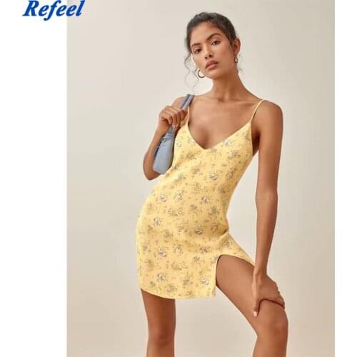 Vintage Split Summer Dresses Elegant V Neck Fashion Spaghetti Straps Thin Yellow Floral Print Vestidos Casual Dress