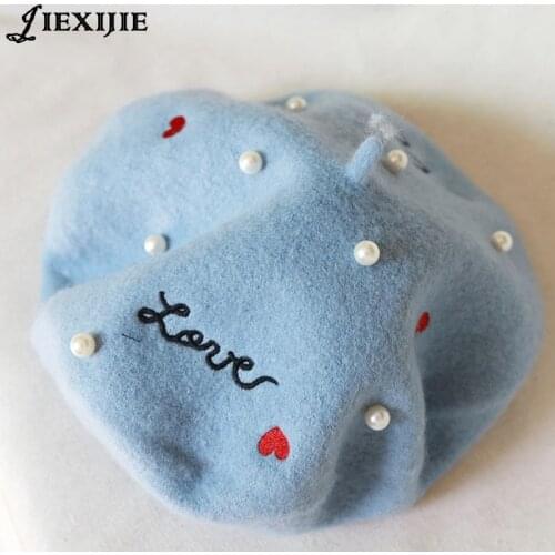 Japanese soft sister embroidery letters pearl wool beret painter cap baked wheat cake cap warm buds hat girl autumn and winter68