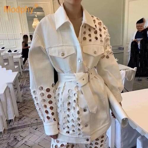 WomenS Denim Loose Coat Sexy Lapel Long Sleeve Belt Round Hole Casual Denim Jacket Jeans Coat Female 2020 Autumn Fashion New