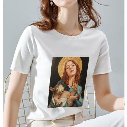 Summer T-shirt Womens Casual Retro Hong Kong Style Funny Selfie Fashion Street Art Print Series T-shirt Round Neck Commuter Top