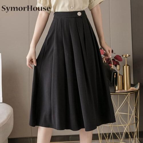 2021 Elegant Pleated Women Skirt Midi Solid Color Work Wear Vintage Fashion High Waist A-line Skirts Casual Black Jupe Femme