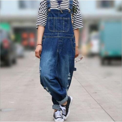 Womens Summer New Distressed Washed Loose Adjustable Denim Jumpsuits Retro Low-crotch Hole Casual Denim Trousers