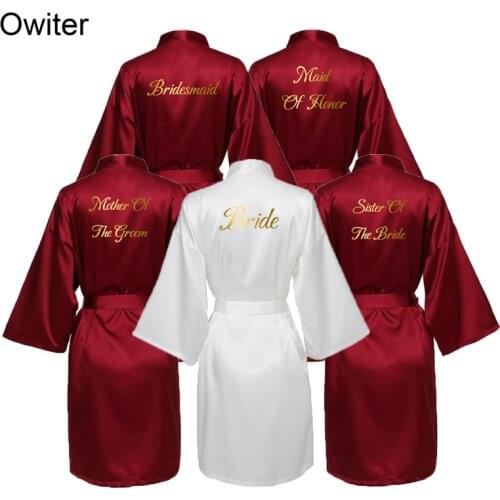 Owiter 2019 New Burgundy Satin Silk Bride Robe Wedding Gift Bridesmaid Bride Dressing Gown Bridal Slippers Gold Print
