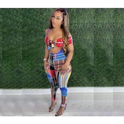 Echoine Plaid Colorful Print Jumpsuit Strapless Crop Top Women Matching Set Playsuit Sexy Skinny Party Clubwear Outfits