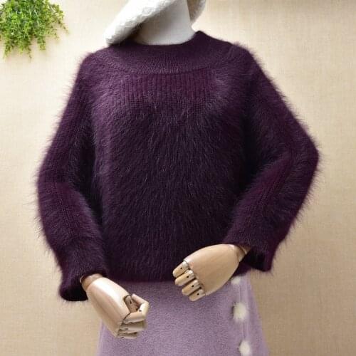 Ladies women fashion hairy winter thick warm slash neck three quarter sleeve loose pullover angora rabbit fur winter jumper pull
