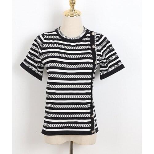 Personalized Striped Plaid Sweater Short-Sleeved Women Summer 2021 New Korean Style Oblique Breasted Stylish Elegant T-Shirt