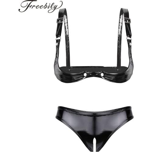 Womens Wet Look Patent Leather Lingerie Set Adjustable Straps Open Cup Bra Top with Open Crotch High Cut Mini Briefs Underwear