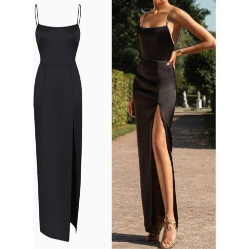 Elegant Long Mermaid Black Prom Dresses with Slit Spaghetti Criss Cross Back Floor Length Robe De Soiree Formal Party Gown