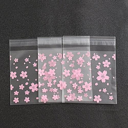 100pcs/lot 4Size Lovely Pink Cherry Blossoms Cookie&Cake Baking Bag Self-Adhesive Plastic Bags For Biscuits Snack Baking Package