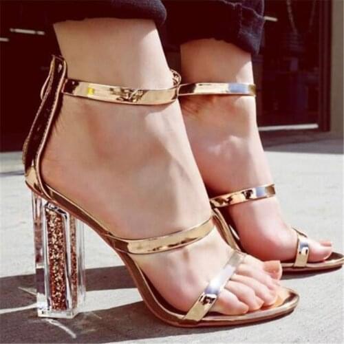 Summer Women Ankle Strap Sandals PU ZIP Square heel Gold 9.5CM High Heels Sandals Women Shoes Sexy Pumps