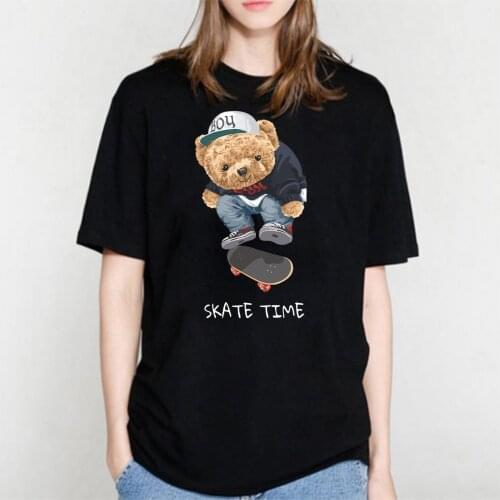 BLINGPAW Teddy Bear Skate Time Letter Print T-shirt White Cotton Unisex Top&Tees Summer Custom Graphic Tee Shirts