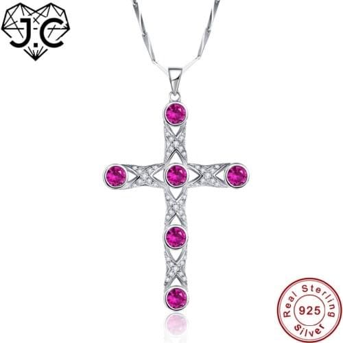 J.C for Women Excellent Cross Design Round Cut Ruby Spinel & Sapphire Blue Topaz Solid 925 Sterling Silver Pendant Fine Jewelry