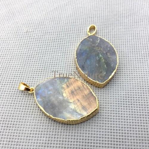 Fashion Oval Labradorite Pendants For DIY Making Gold Electroplated Leaf Single Bail Charms In 36*25 mm PM4324