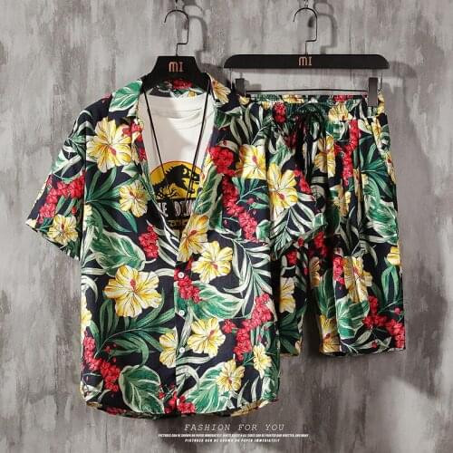 Mens 2 Pieces Set Hawaiian Shirts +Beach Shorts Mens Casual Streetwear 2021 Summer Floral Loose Short Sleeve Holiday Suits Male