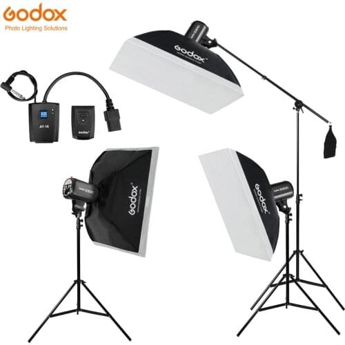 Godox 900W 3x E300 Flash Light Kit with Godox AT-16 Trigger & 3x Modeling Lamp & 3x 50x70cm Softbox & 2x light stand & Boom Arm