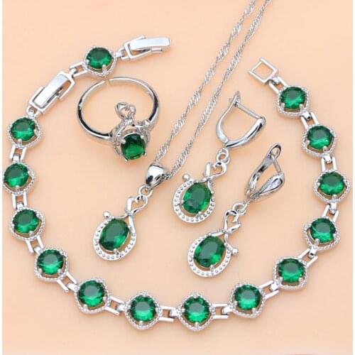 Real Silver 925 Jewelry Sets for Women Green Emerald Birthstone Simple Office Long Earrings Bracelet Necklace Set Gift for Her