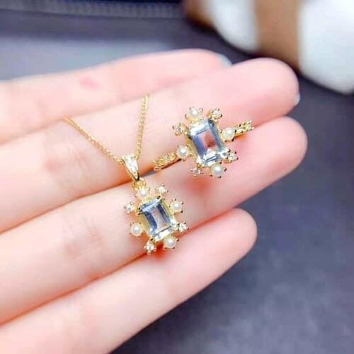 Natural Aquamarine S925 Sterling Silver Ring Pendant Necklace Set Charming Fine Fashion Jewelry for Women MeibaPJFS