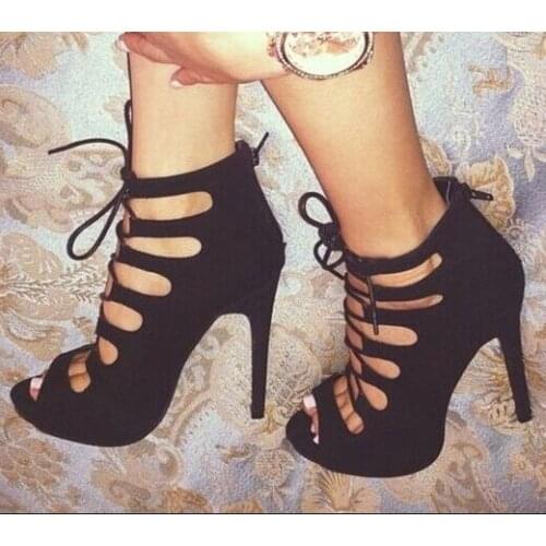 Cheap Price Hot Selling Black Beige Suede Leather Lace-up Strappy Sandals High Heel Peep Toe Cut-out Gladiator Sandals Boots