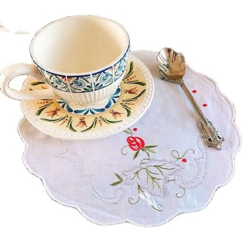 Pastoral lace cotton embroidery placemat cup coaster mug kitchen Christmas table place mat cloth wedding doily pad Accessory