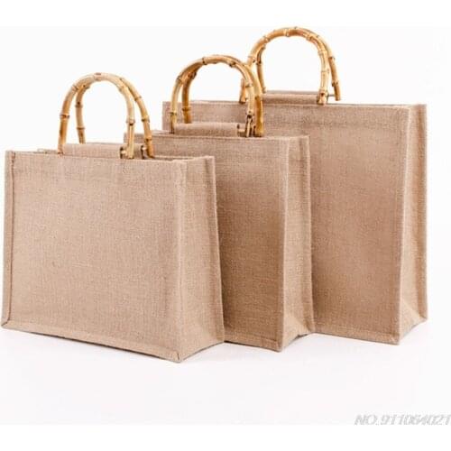 Portable Burlap Jute Shopping Bag Handbag Bamboo Loop Handles Reusable Tote Grocery Bags for Women Girls M12 21 Wholesales