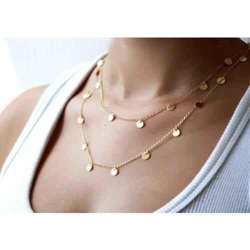 Simple Gold Coin Long Sequins Necklace Layered Choker Necklace For Women Coin Chocker Necklaces collar collier femme collares