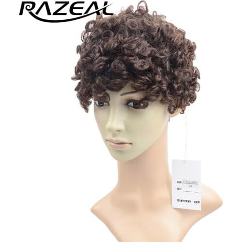 Razeal Afro Kinky Curly Short Synthetic None Lace Front Wig For African American Women Heat Resistant Fiber