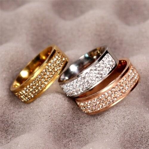 Rose Gold Famous Brand Zircon Ring New 8mm Half Circle Three Row Crystal 316L Stainless Steel finger Rings for women men