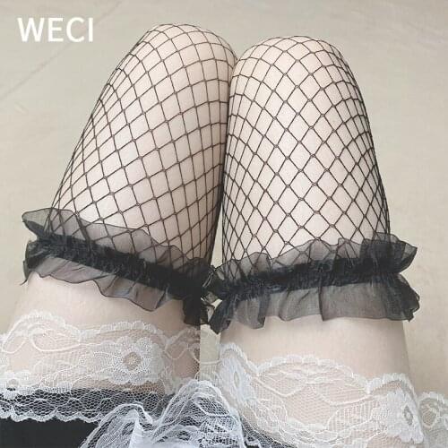 WECI Sexy Over Knee-High Frilly Socks Girl Lolita Kawaii Women Fishnet Tights Lace Erotic Stockings Mesh Long Socks With Ruffles