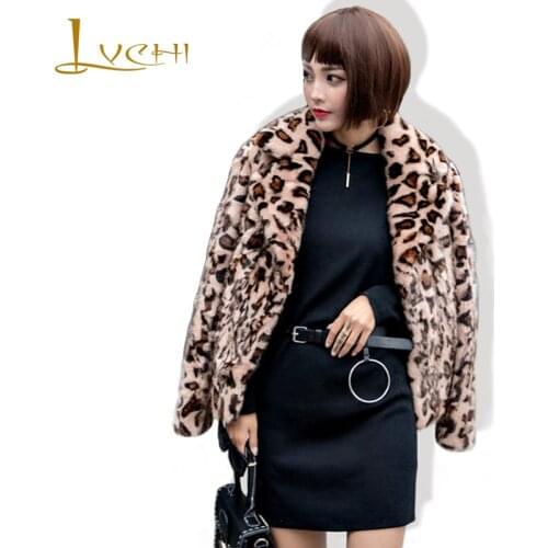 LVCHI womens Leopard Real Mink Fur Overcoat Full Pelt Casual Mink Coat 2019 Autumn Winter Warm Women Short Coat wide-waisted