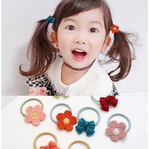 Cute 16pcs/set 2.5cm Scrunchie Hair Accessories for Girls Bows Wool Crochet Flowers Kids Toddlers Hair Ties Rope Bands Hairbands