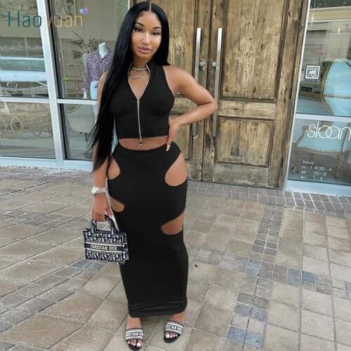HAOYUAN Sexy Two Piece Set Sleeveless Zip Crop Top Cut Out Bodycon Long Skirts for Women Summer Outfits Club Matching Dress Sets